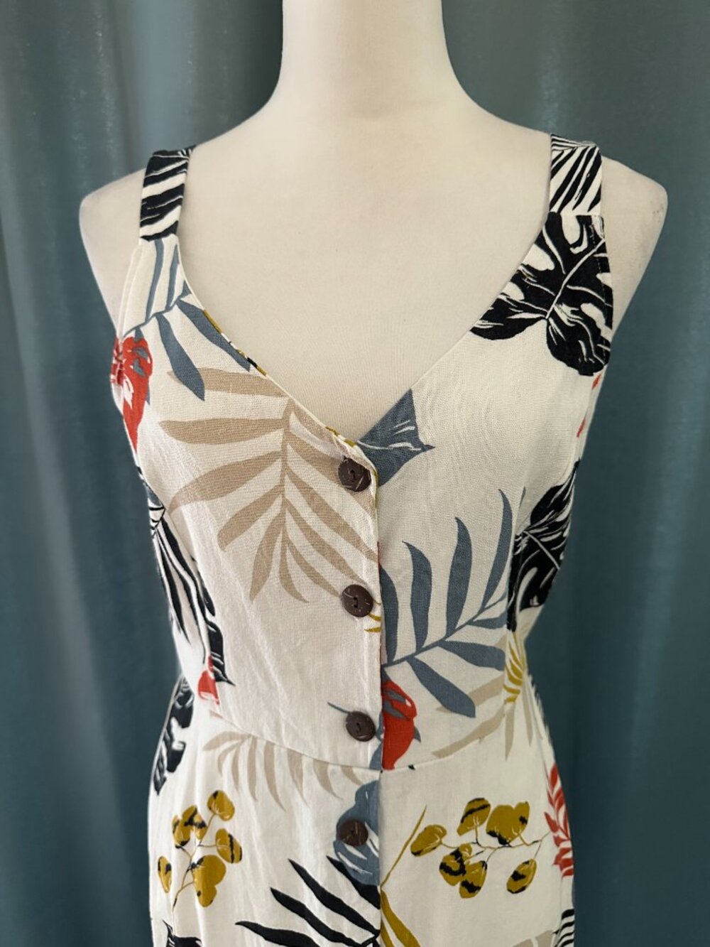 Monteau Los Angeles Tropical Leaf Print Midi Dress Size M Rayon Linen Blend - Picture 2 of 6